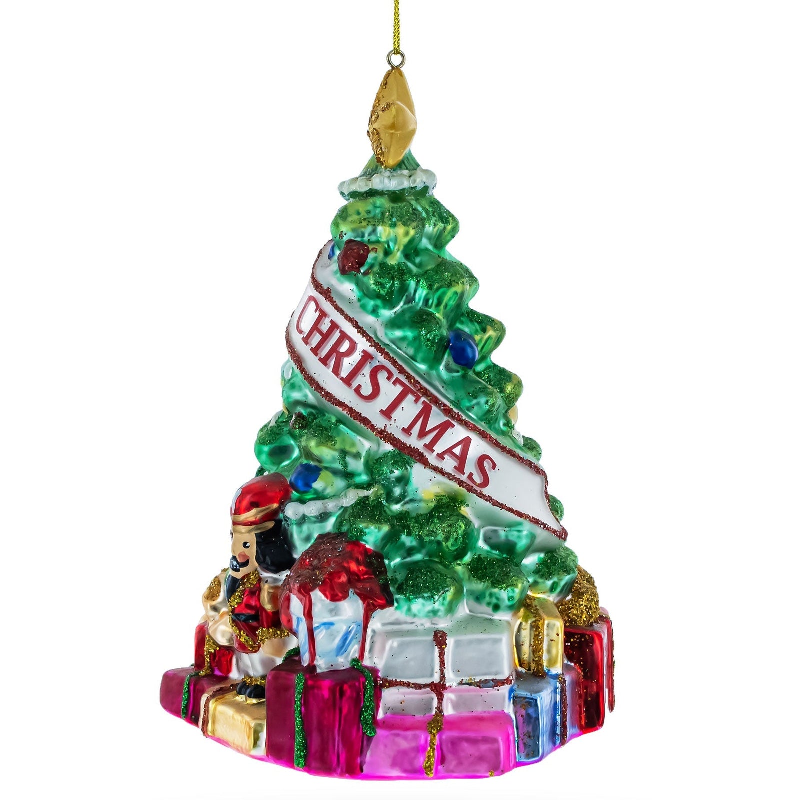 Decorative Christmas tree ornament with Nutcrackers and presents on a white background