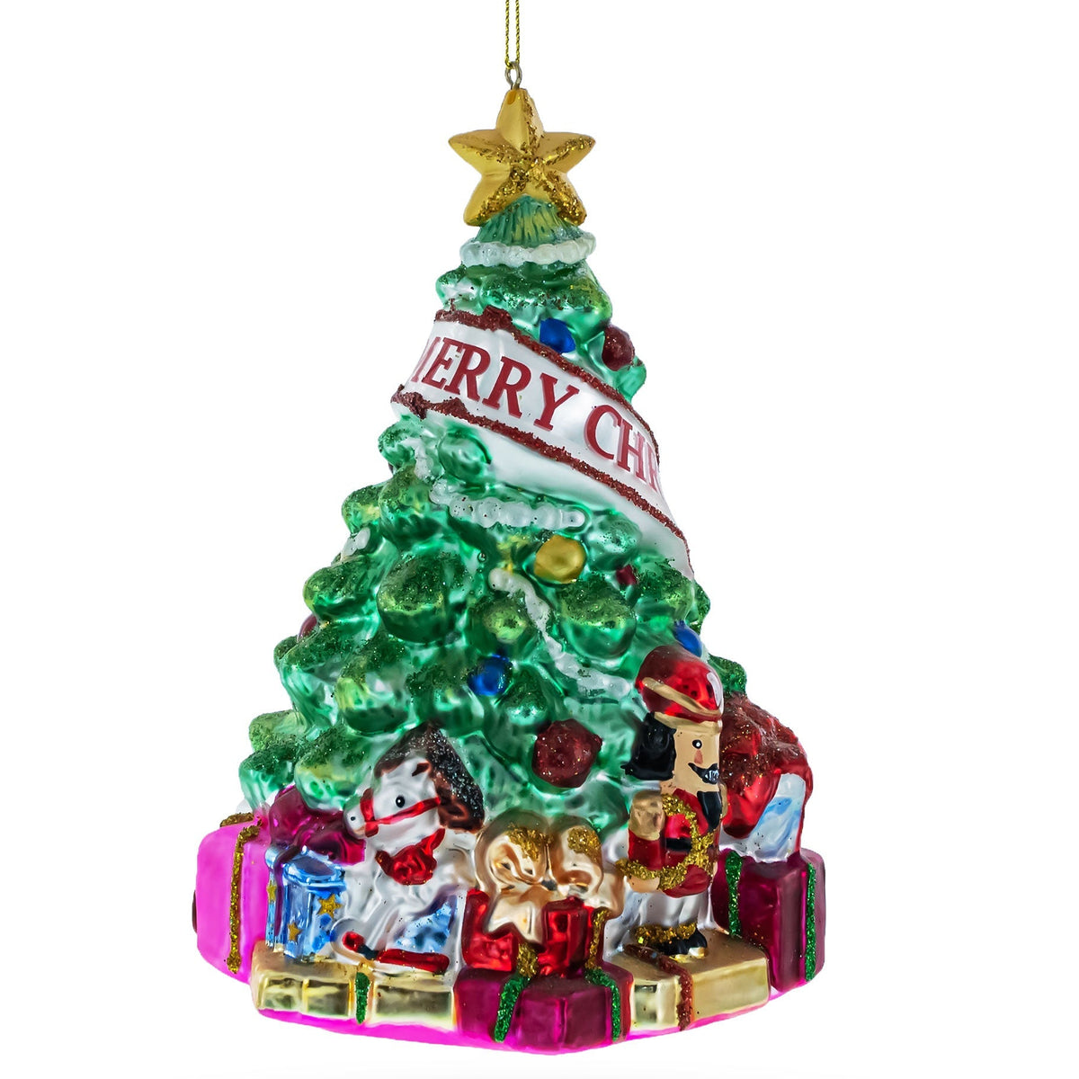 Decorative Christmas tree ornament with Nutcrackers and presents on a white background