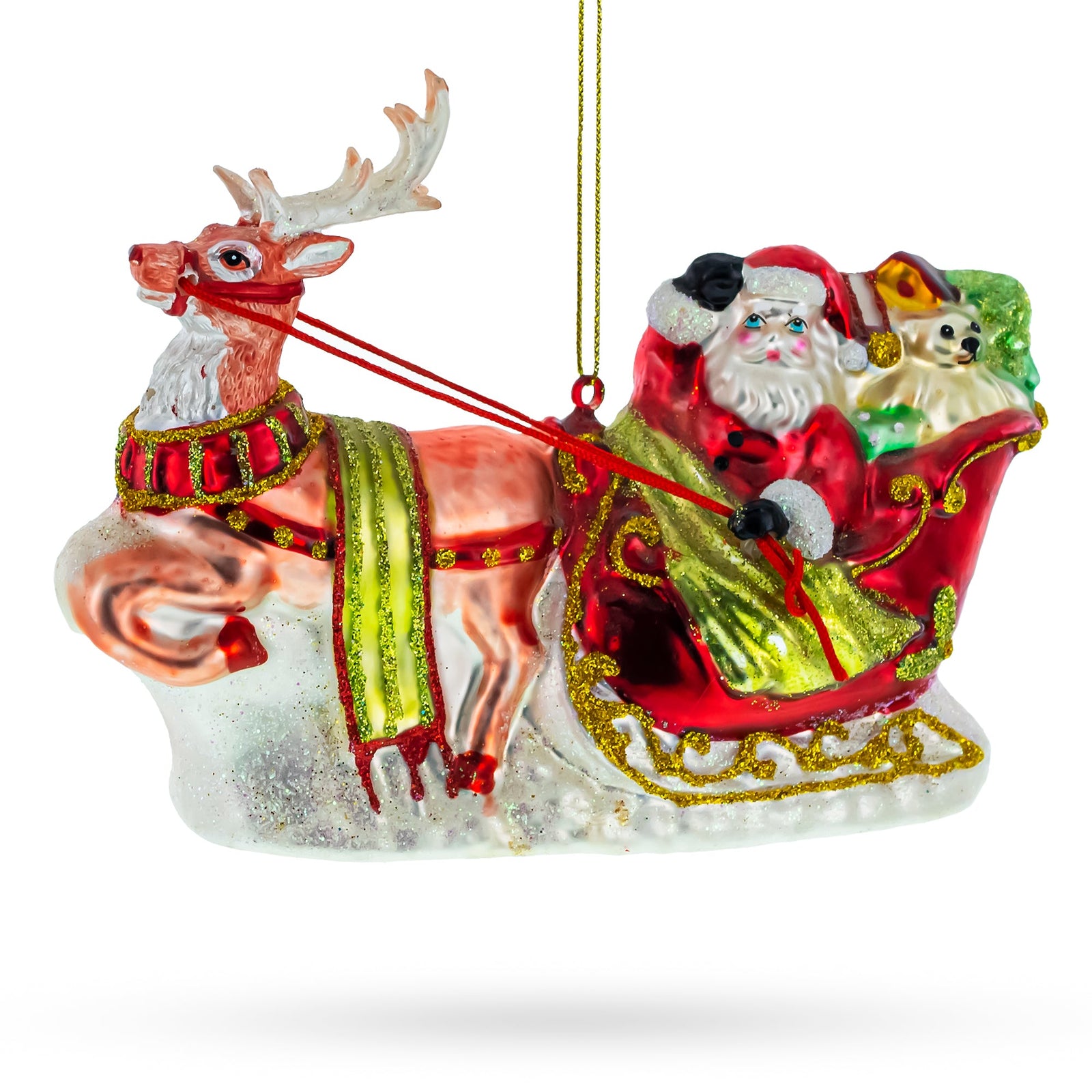 Decorative Christmas ornament of Santa Claus in a sleigh pulled by a reindeer on a white background.