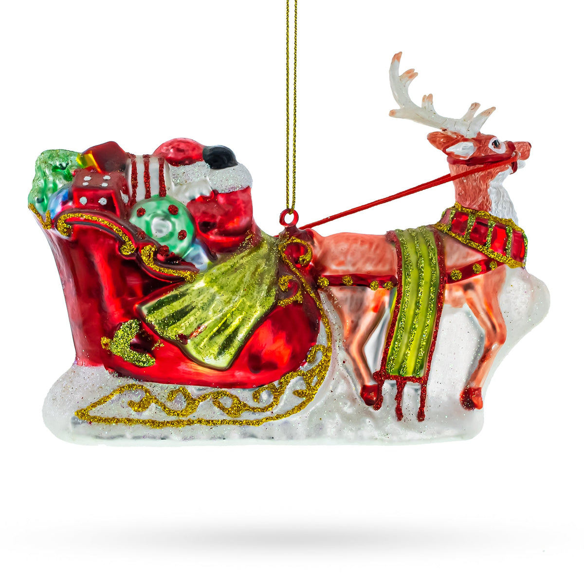Decorative Christmas ornament of Santa's sleigh and reindeer on a white background