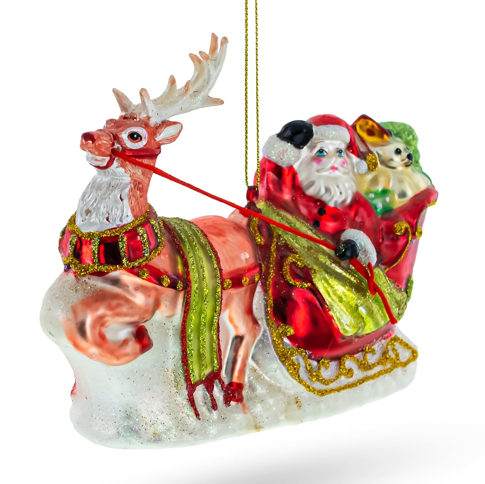 Decorative Christmas ornament of Santa Claus in a sleigh pulled by a reindeer on a white background.