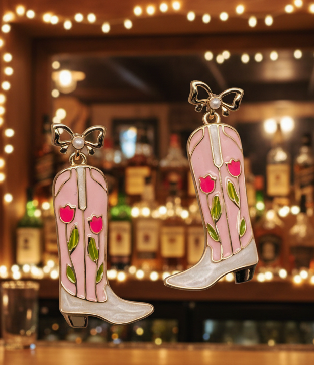Pink Cowboy Boot with Gold Bow Earrings