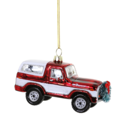 The Canton Christmas Shop Christmas Bronco by Cody Foster & Co Glass Ornament on white background