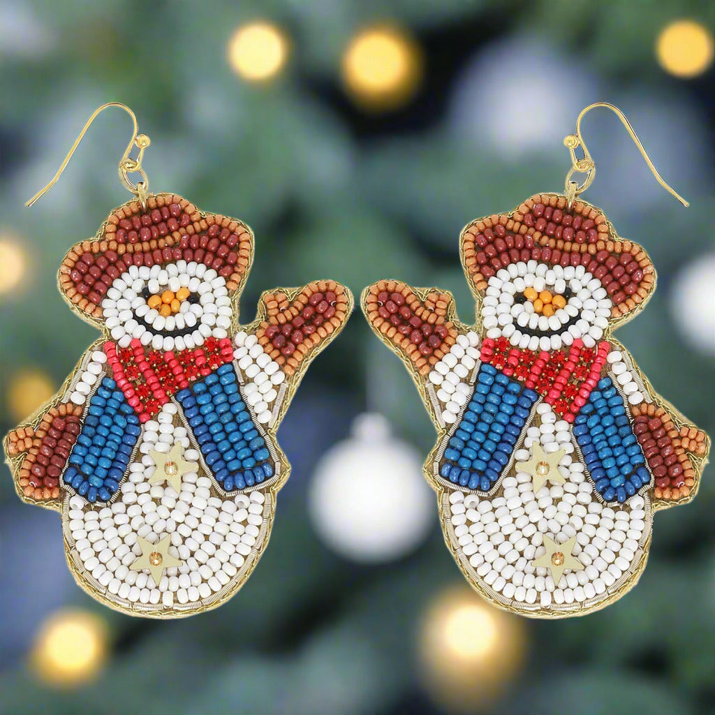 Christmas Cheer All Year Beaded Cowboy Hat wearing snowman earrings