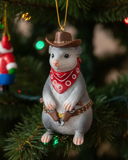 Christmas Cheer All Year cowboy opossum ornament dressed in western attire, wearing a brown cowboy hat, a red bandana with white dots, and a brown holster with a revolver, hanging from a gold string 