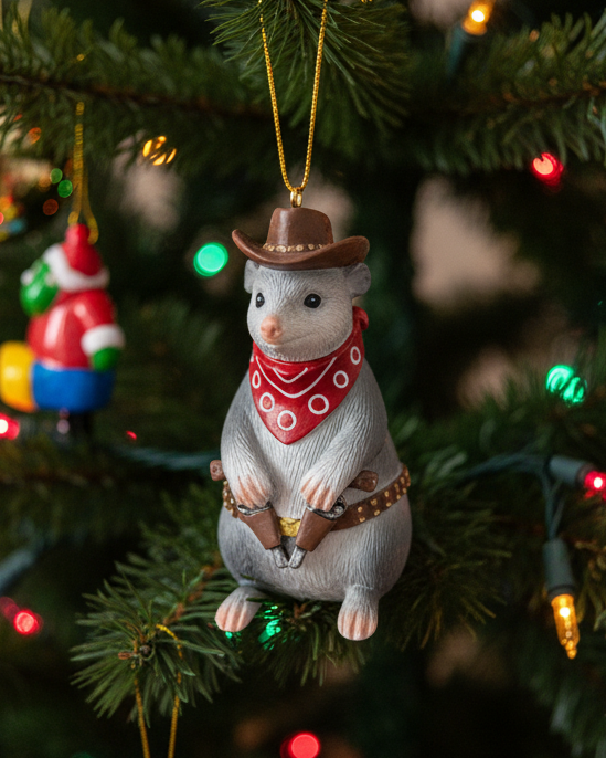 Christmas Cheer All Year cowboy opossum ornament dressed in western attire, wearing a brown cowboy hat, a red bandana with white dots, and a brown holster with a revolver, hanging from a gold string 