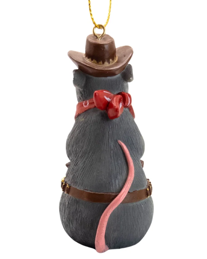 Christmas Cheer All Year cowboy opossum ornament dressed in western attire, wearing a brown cowboy hat, a red bandana with white dots, and a brown holster with a revolver, hanging from a gold string 