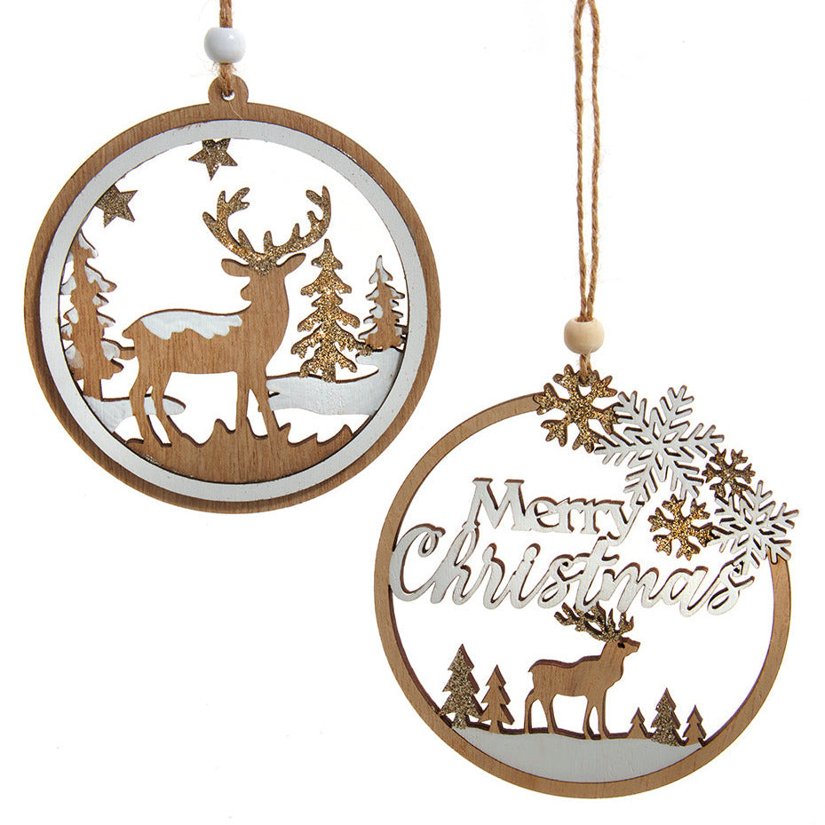 Christmas Cheer ALl Year Two Christmas tree ornaments with deer and 'Merry Christmas' text on a white background
