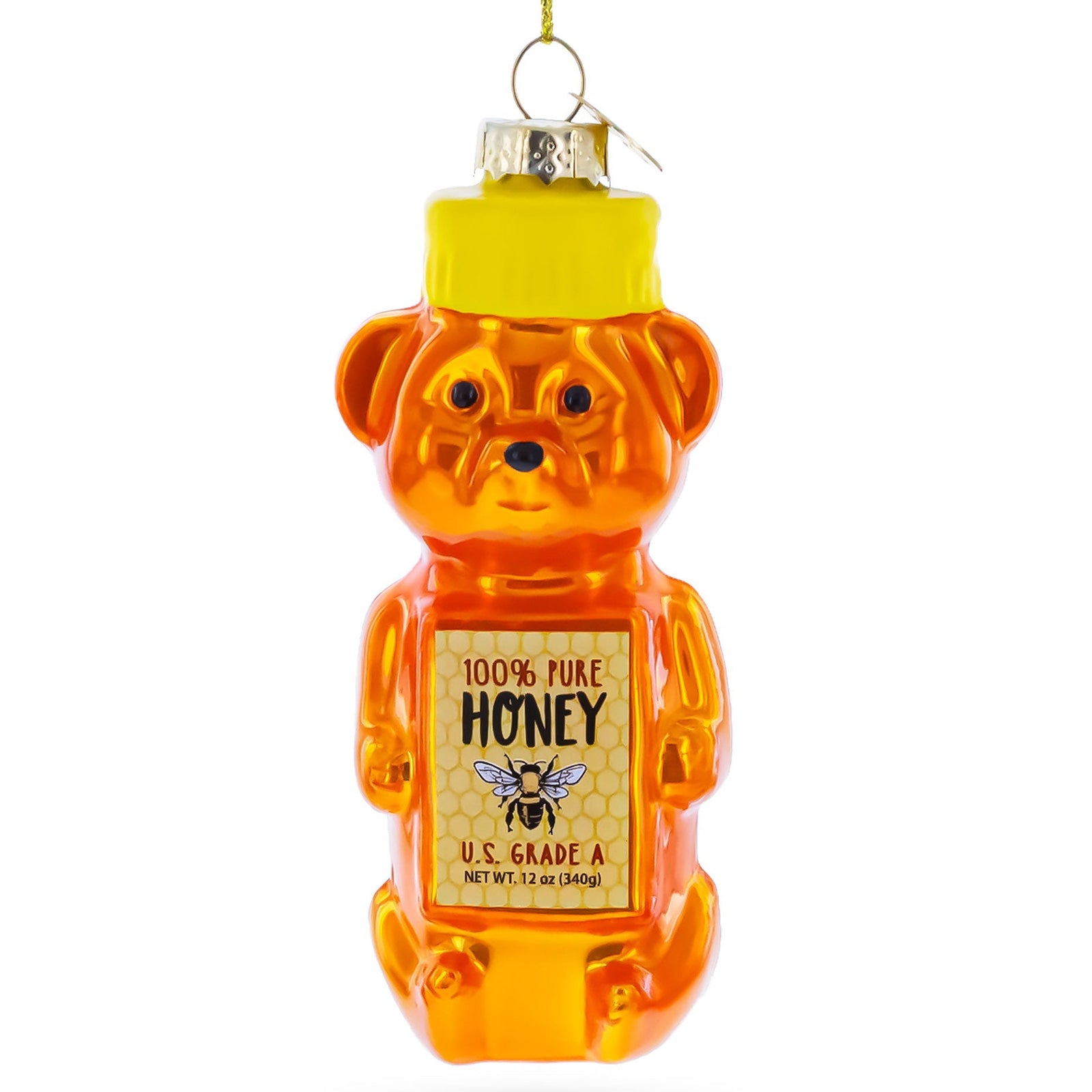 Honey bear ornament with a label on a white background