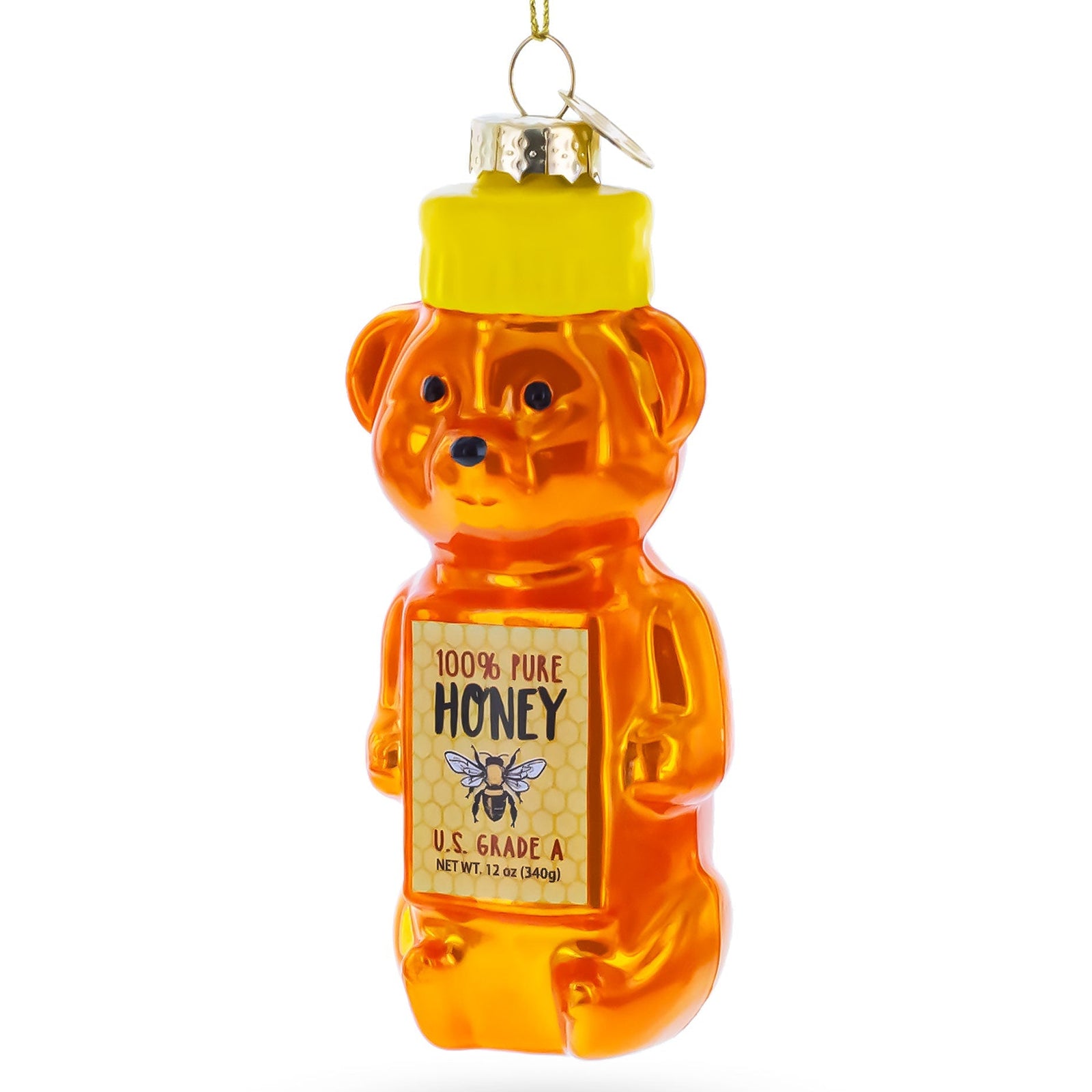 Honey bear ornament with a label on a white background