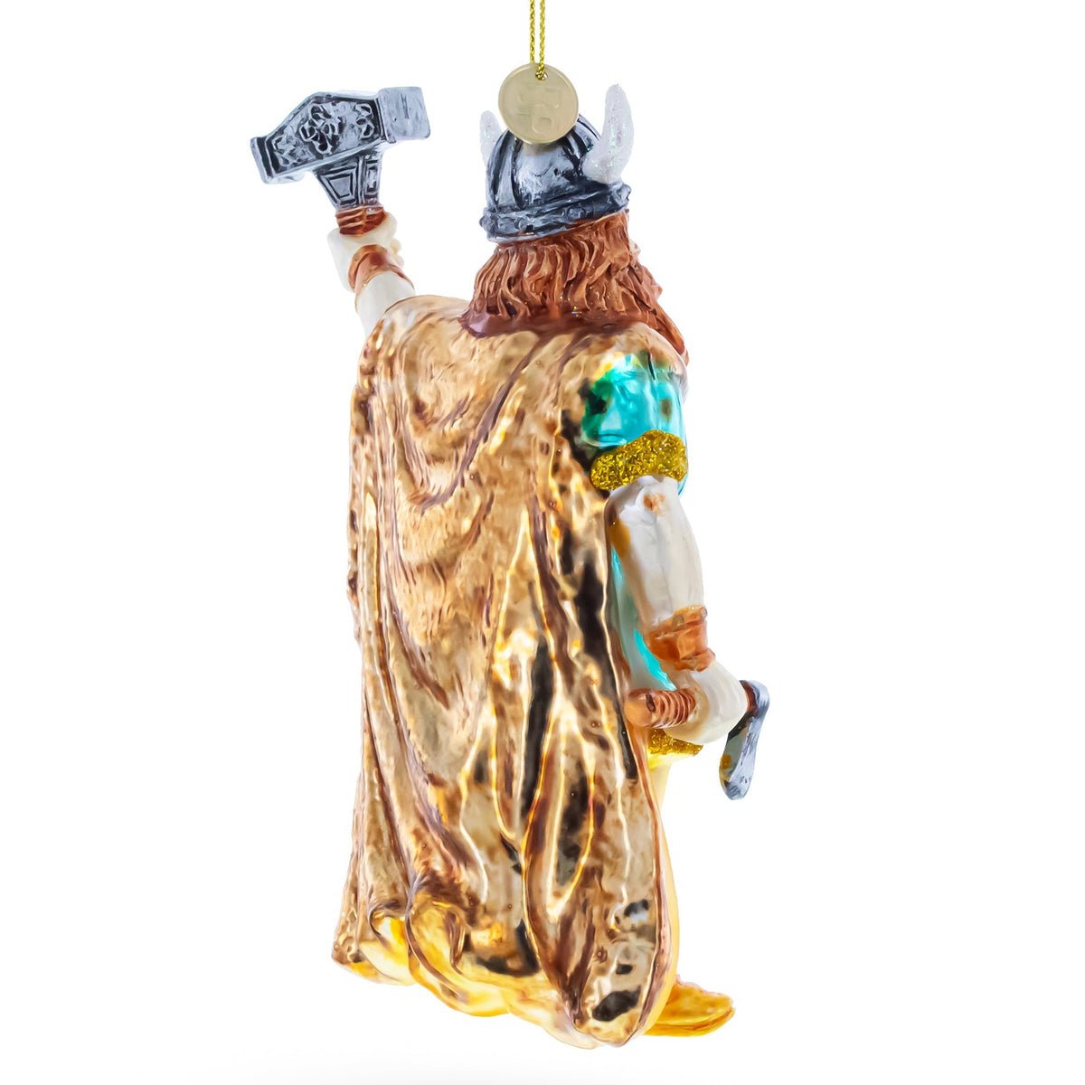 Decorative ornament of a Viking figure holding a hammer on a white background