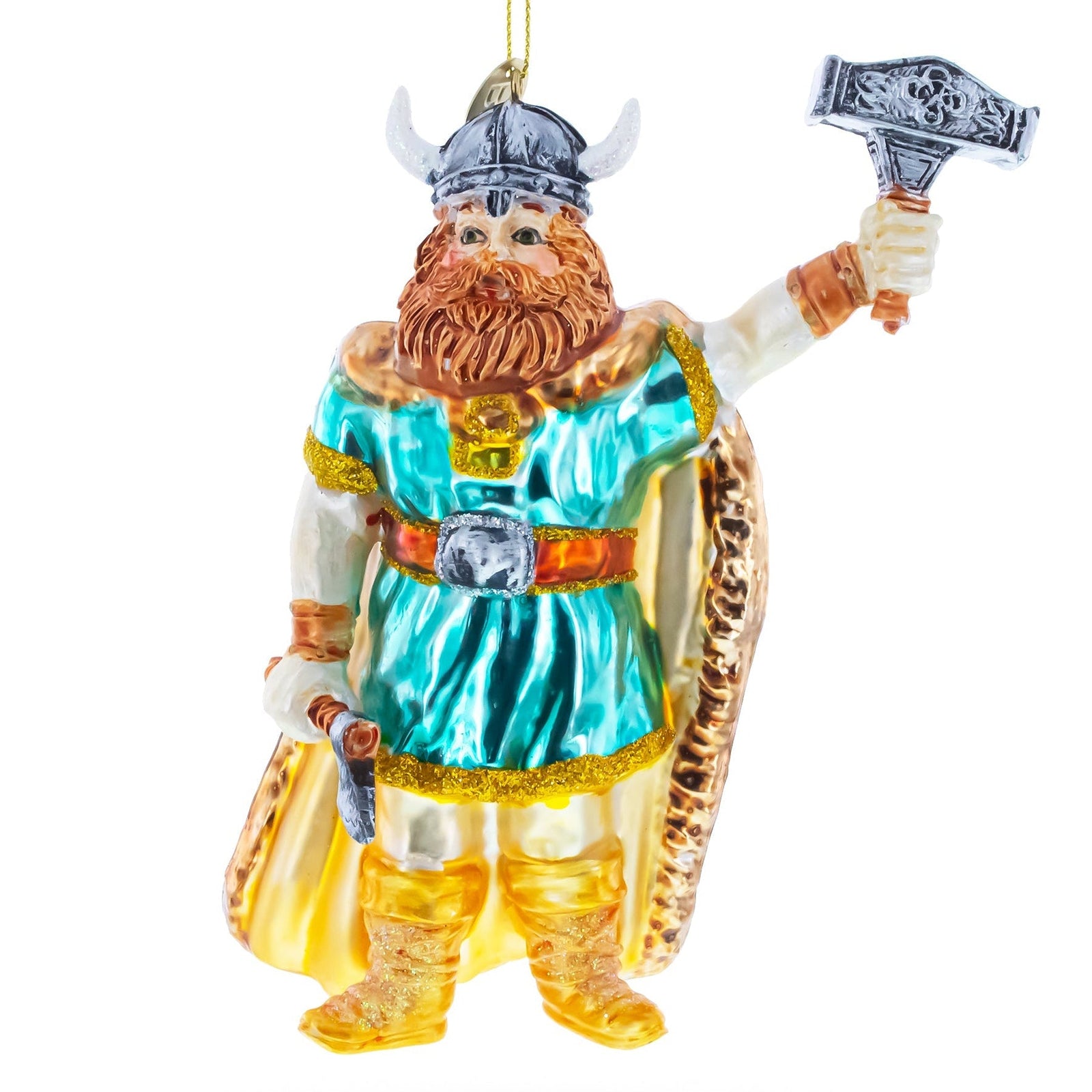 Decorative ornament of a bearded figure in Viking attire holding a hammer on a white background