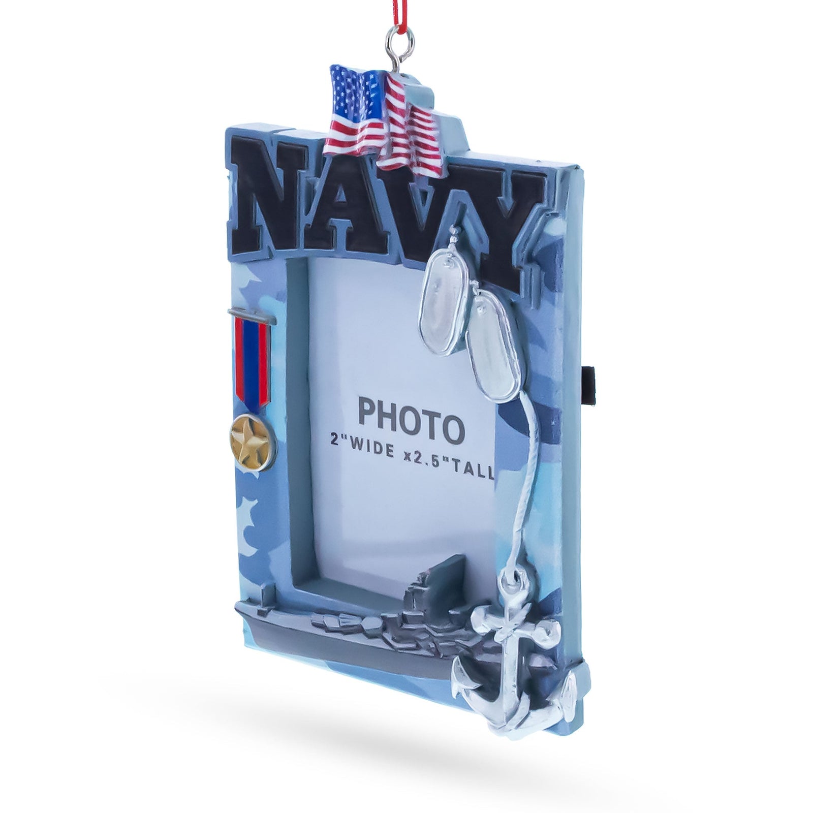 Navy-themed photo frame with American flag, anchor, and military symbols on a white background