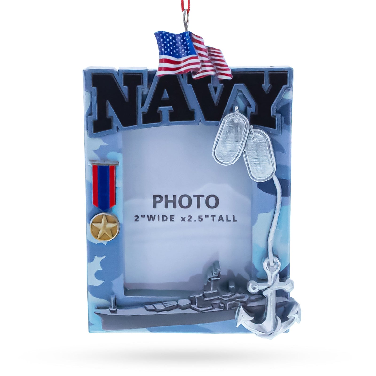 Navy-themed photo frame with American flag, anchor, and military symbols on a white background