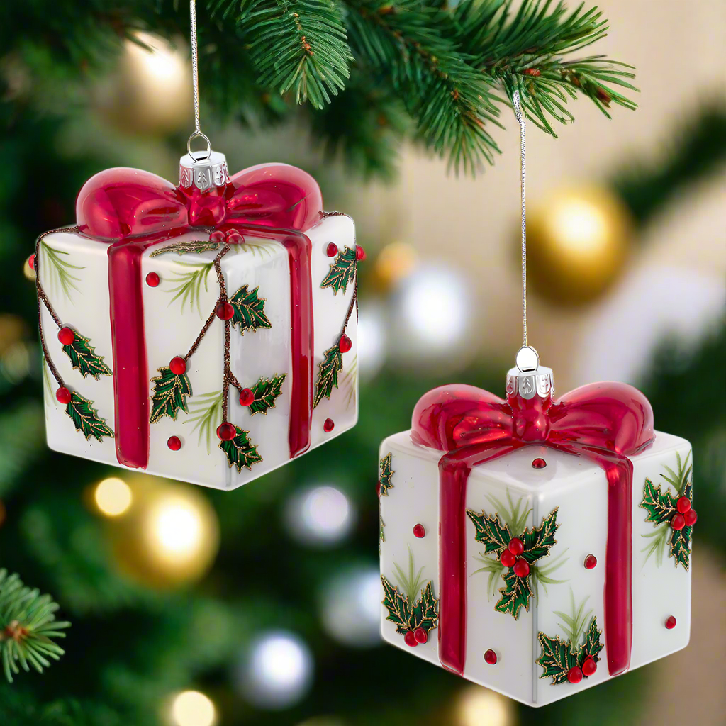 Christmas Cheer All Year Glass Holly Decorated Present Boxes Ornaments Assorted by Kurt Adler