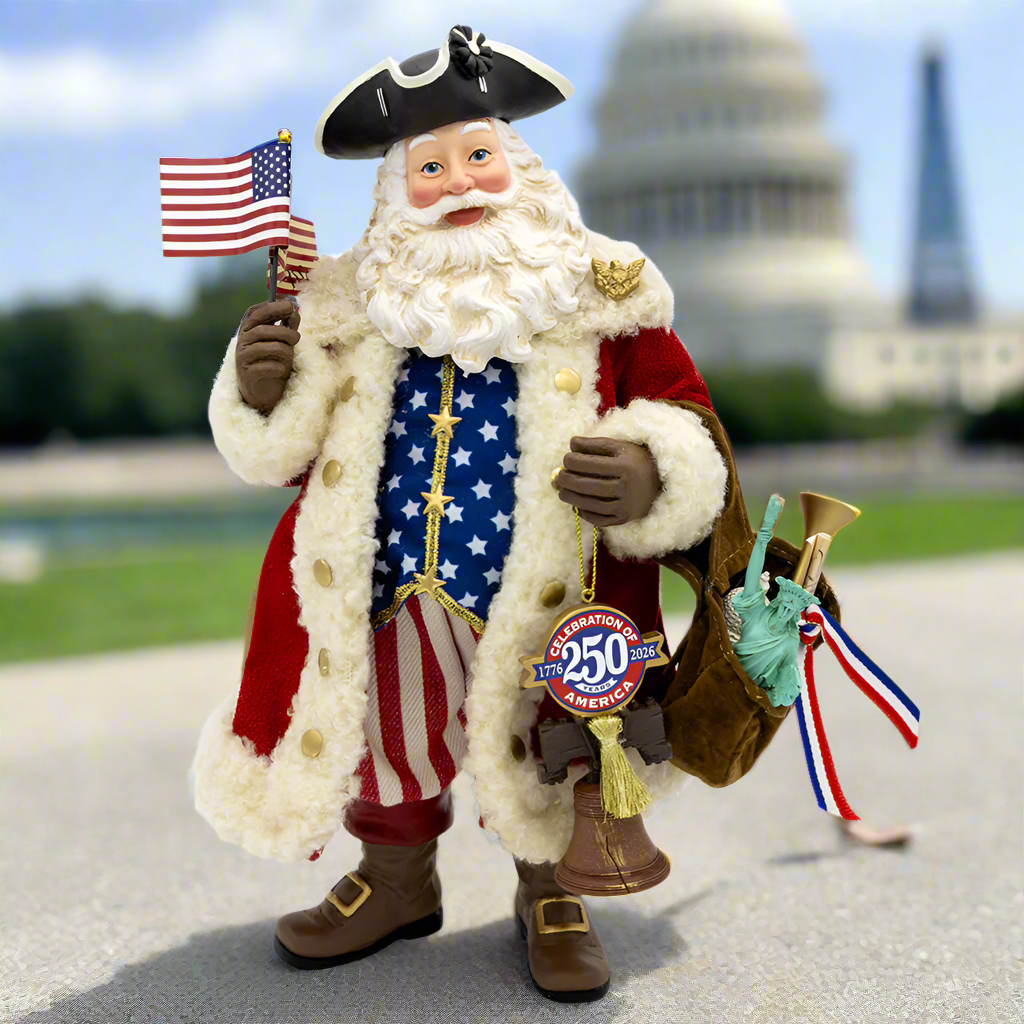 Christmas Cheer All Year Santa Claus figure with American flag 250th America Anniversary Statue of Liberty and Independence Day accessories 
