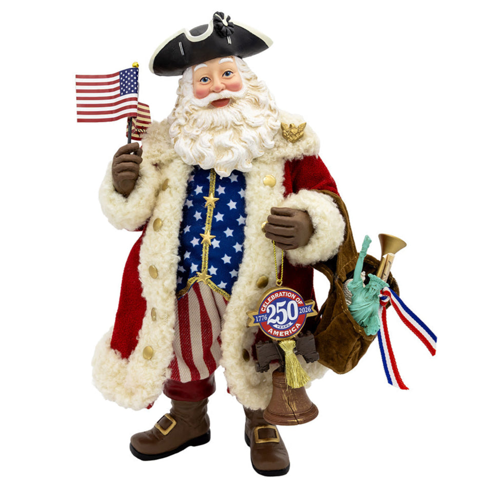 Christmas Cheer All Year Santa Claus figure with American flag 250th America Anniversary Statue of Liberty and Independence Day accessories 