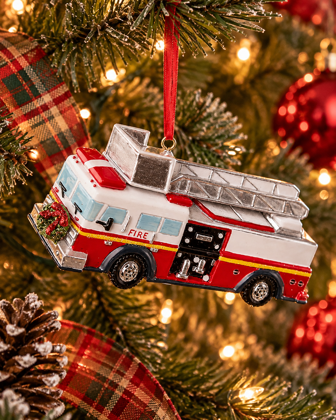 Christmas Cheer All Year red firetruck kurt adler resin ornament on christmas tree
