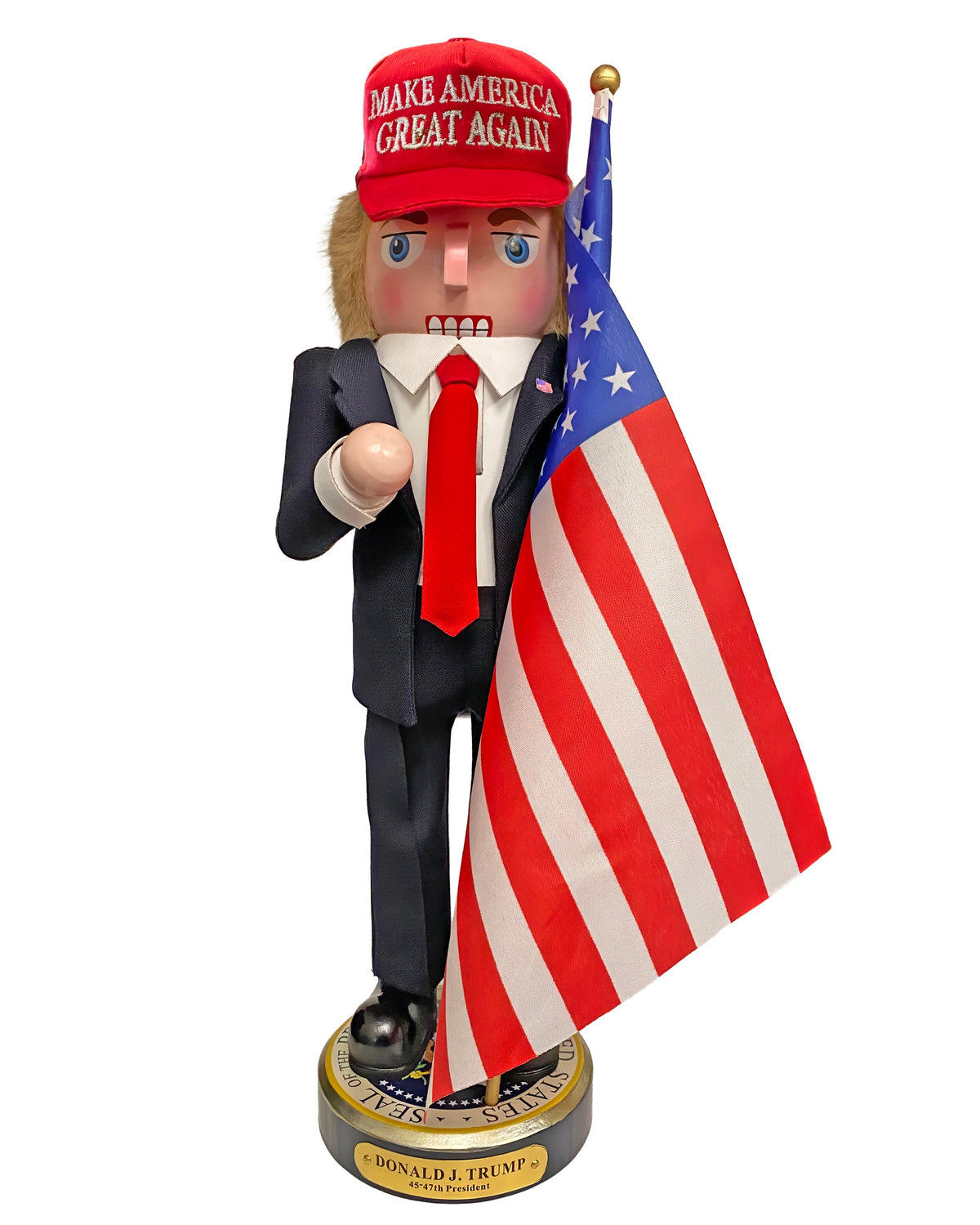 Christmas Cheer All Year Donald J. Trump Presidential Nutcracker Make America Great Again Red Baseball Cap Navy Suit American Flag on Pedestal by Kurt Adler G5013