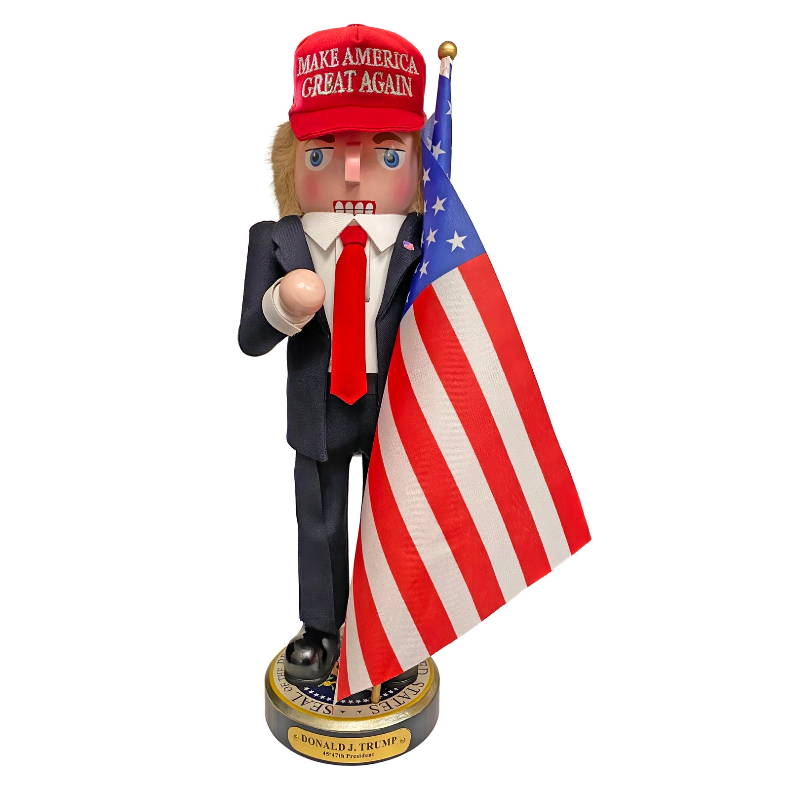 Christmas Cheer All Year Donald J. Trump Presidential Nutcracker Make America Great Again Red Baseball Cap Navy Suit American Flag on Pedestal by Kurt Adler G5013