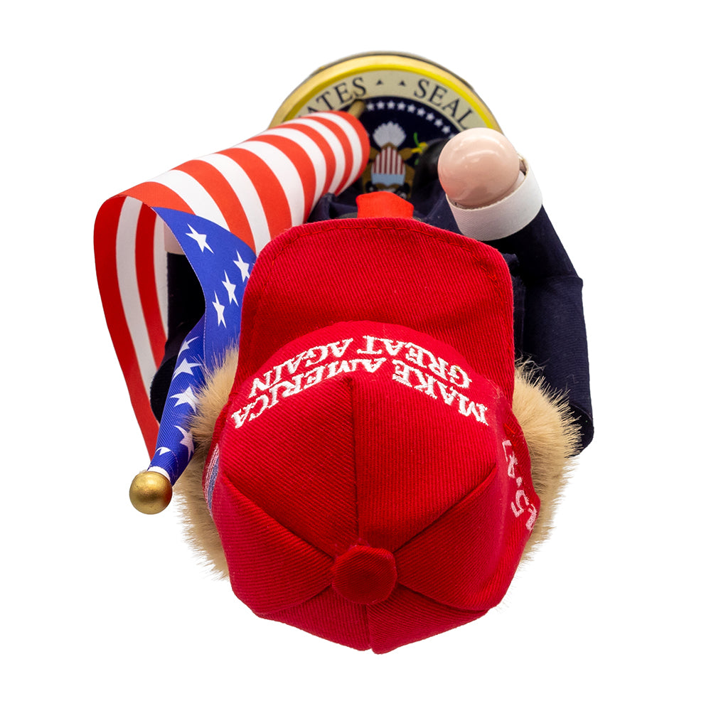 Christmas Cheer All Year Donald J. Trump Presidential Nutcracker Make America Great Again Red Baseball Cap Navy Suit American Flag on Pedestal by Kurt Adler G5013