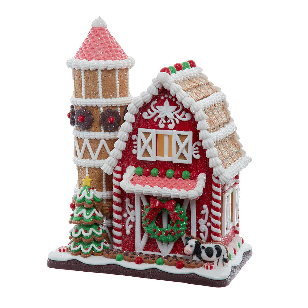 Christmas Cheer All year Decorative gingerbread house barn with a silo on a white background