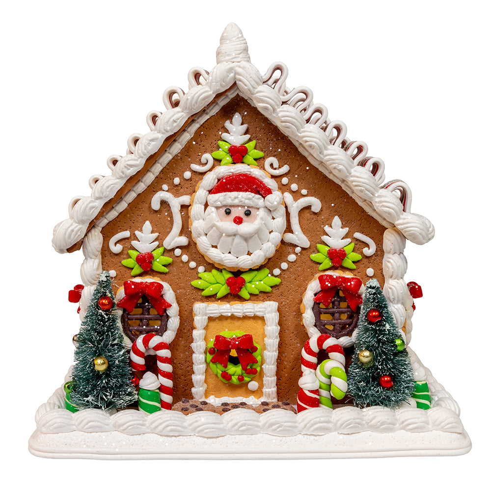 9&quot; Battery Operated Gingerbread House With Santa &amp; Ribbon Candy Roof