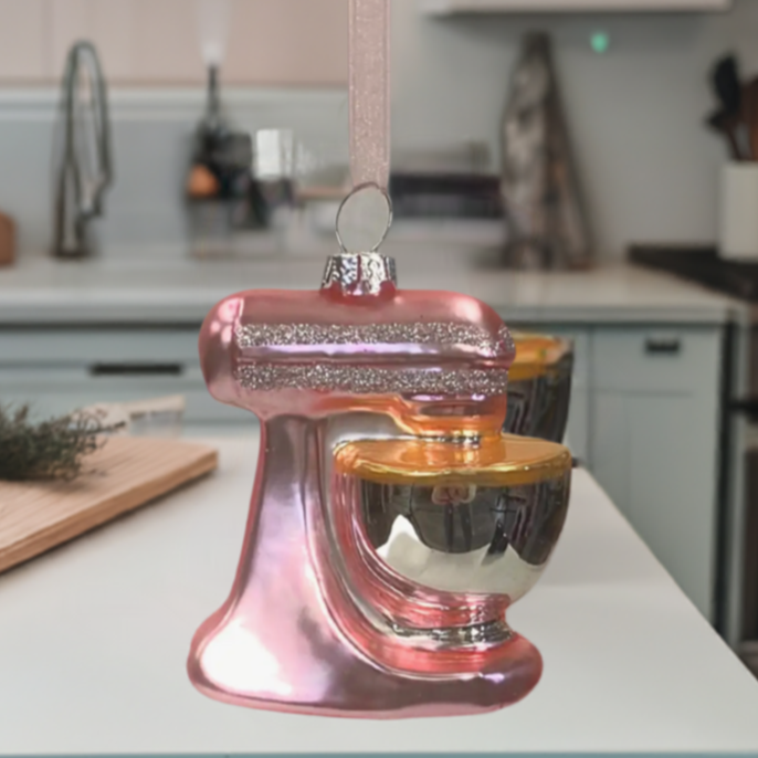 Christmas Cheer All Year Glittery Pink Stand Mixer Glass Ornament