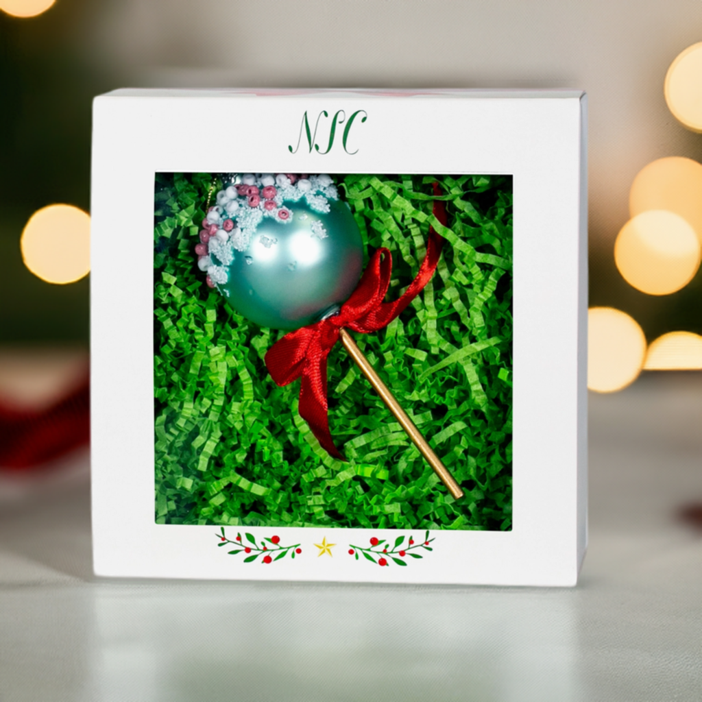 The Canton Christmas Shop Blue Glittery Cake Pop Glass Ornament in Box