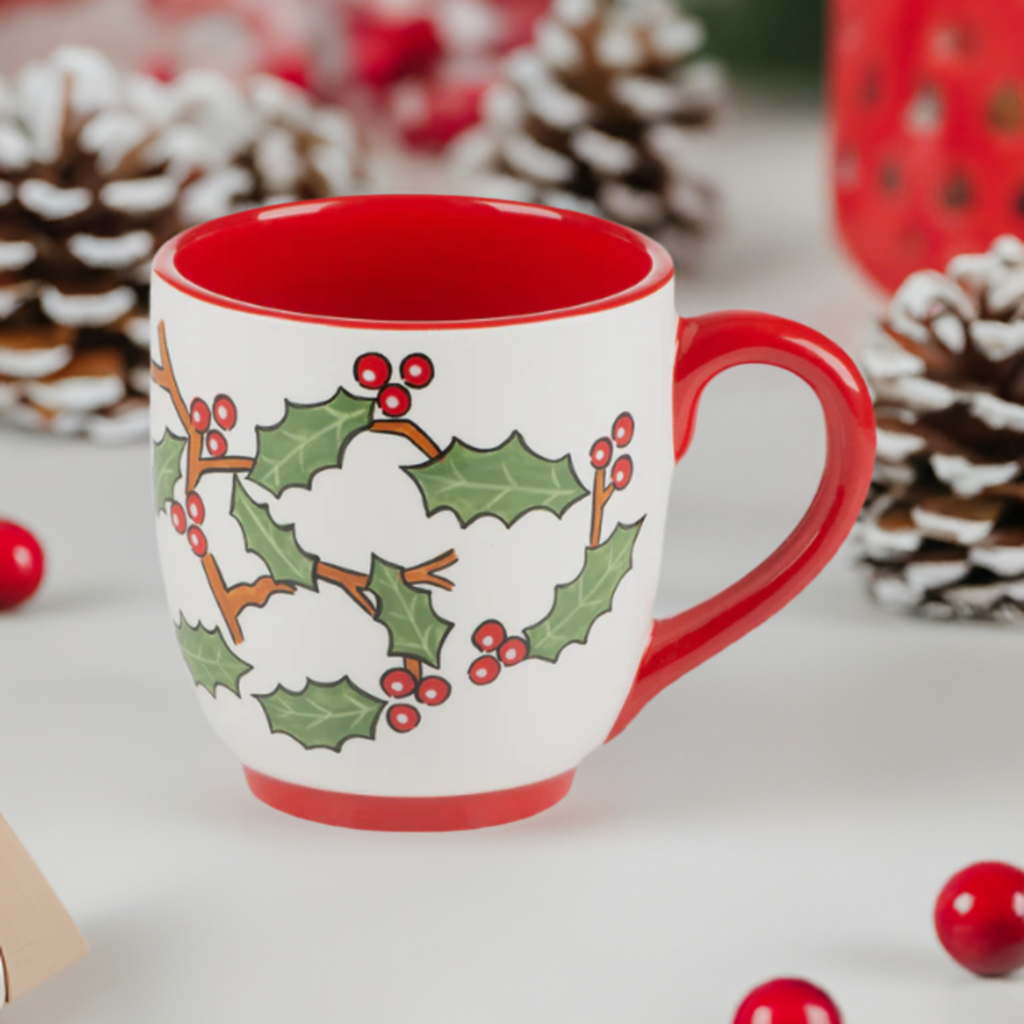 The Canton Christmas Shop Cardinal Red Bird Mug Christmas Hand painted on kitchen counter