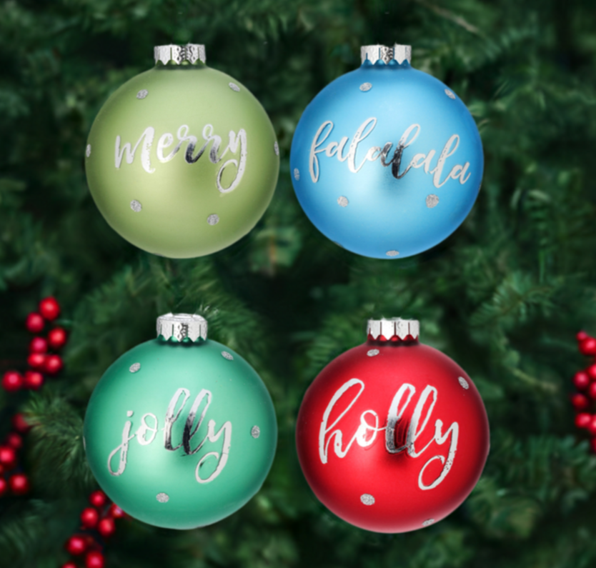 The Canton Christmas Shop 3.2" Glass Ball Ornaments Merry Falalala Jolly Holly