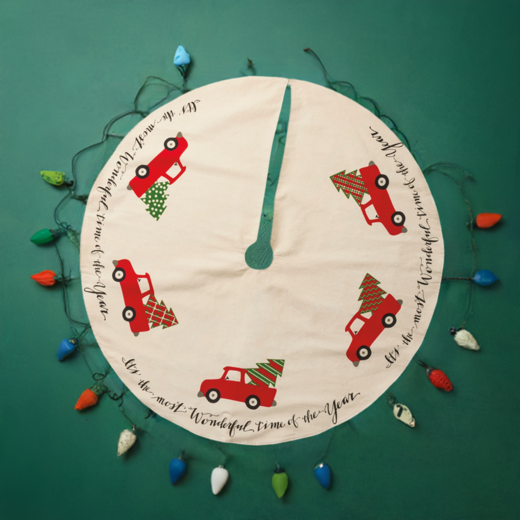 The Canton Christmas Shop Its the Most Wonderful Time of the Year Red Truck Tree Skirt Primitives by Kathy on green floor