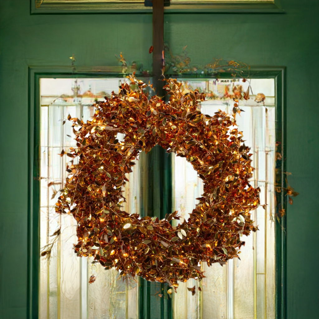 The Canton Christmas Shop 24" Pre-lit Gold Foil Wreath on green front door