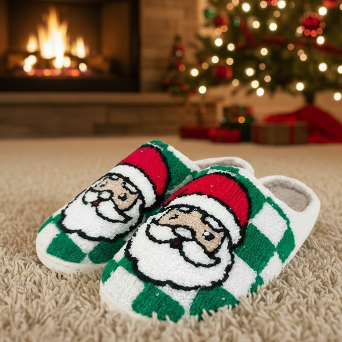 Christmas Cheer All Year green checkered santa sherpa slippers