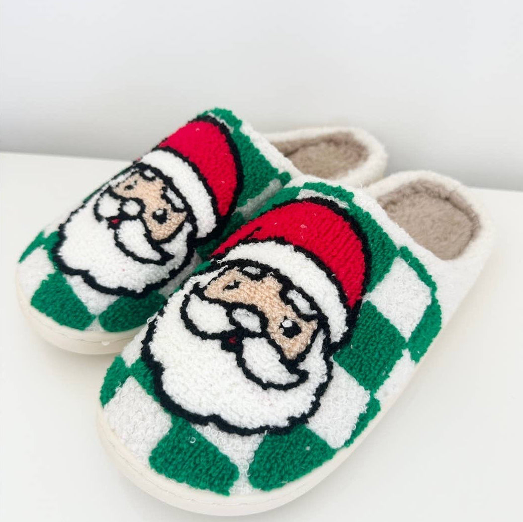 Christmas Cheer All Year green checkered santa sherpa slippers