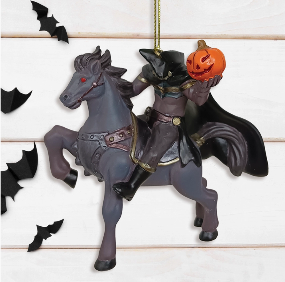 Christmas Cheer All Year Headless Horseman with Jack O Lantern Resin Ornament Halloween