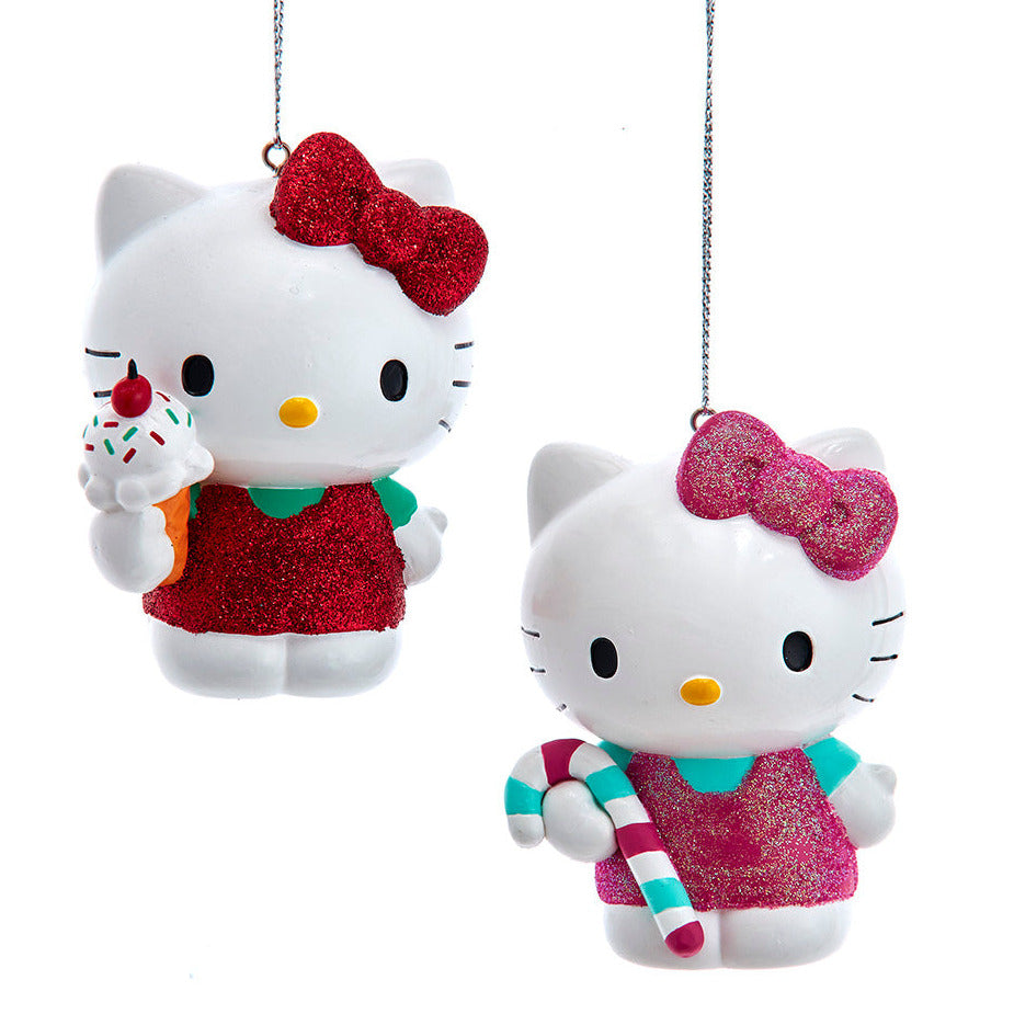 Christmas Cheer All Year Hello Kitty glitter ornaments with ice cream cone and candy cane