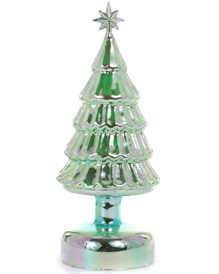 Christmas Cheer All Year iridescent green glass tree with star by Cody Foster & Co
