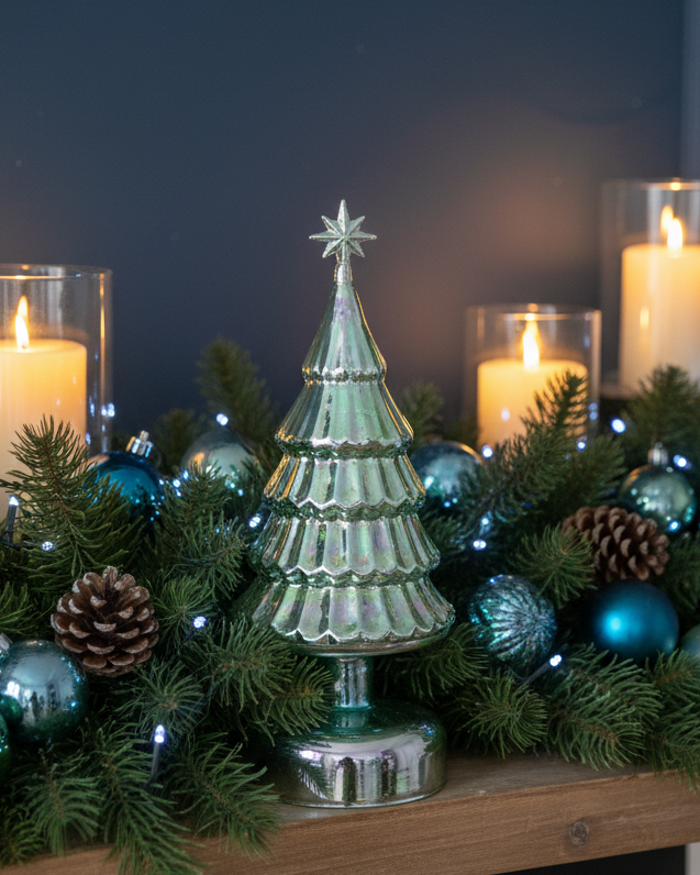 Christmas Cheer All Year iridescent green glass tree with star by Cody Foster & Co