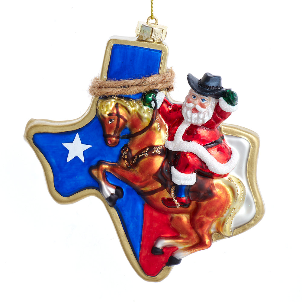 Christmas Cheer All Year Glass Texas Santa Handpainted Ornament by Kurt Adler 4 1/2"