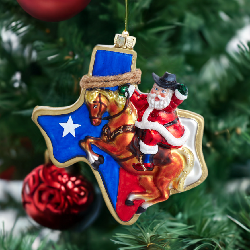 Christmas Cheer All Year Glass Texas Santa Handpainted Ornament by Kurt Adler 4 1/2"