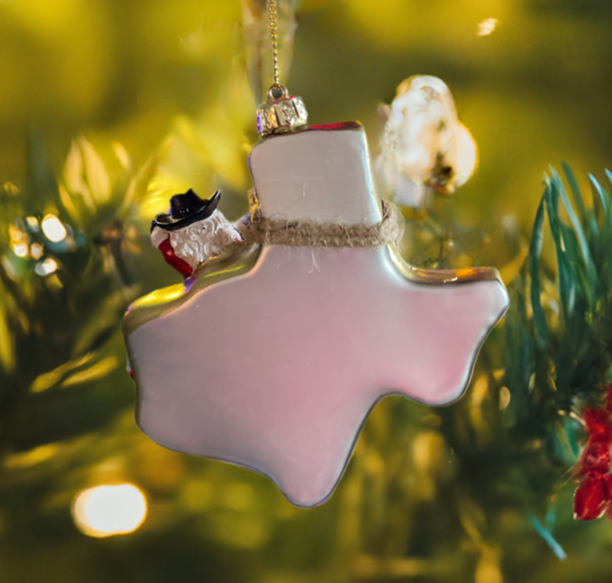 Christmas Cheer All Year Glass Texas Santa Handpainted Ornament by Kurt Adler 4 1/2"