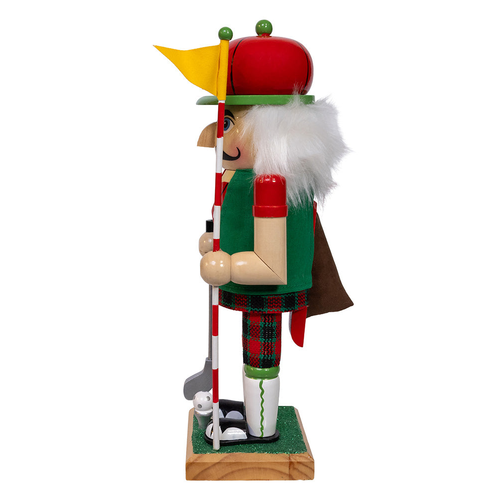 Wooden golf nutcracker figurine with a red hat and plaid pants on a white background Christmas Cheer All Year