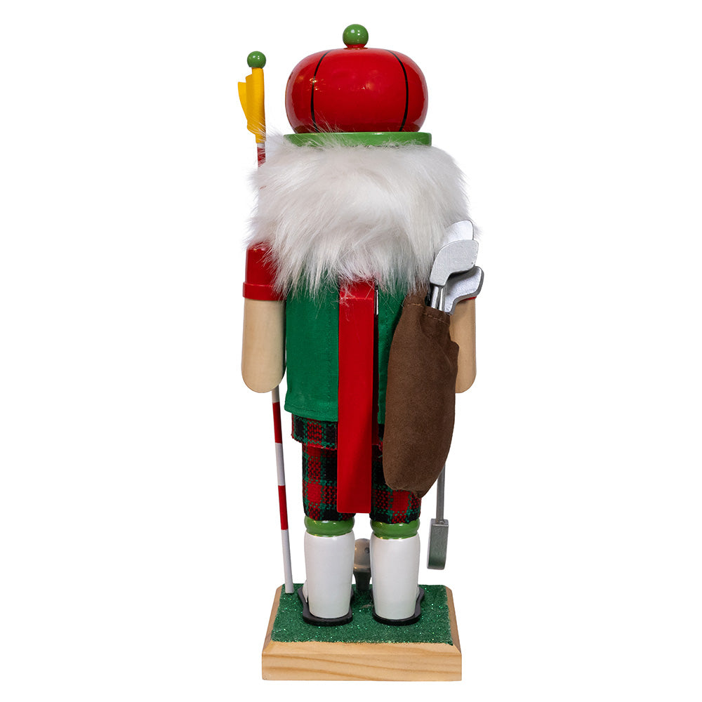 golf Wooden nutcracker figure with a red hat and plaid pants on a white background J9276 Christmas Cheer All Year