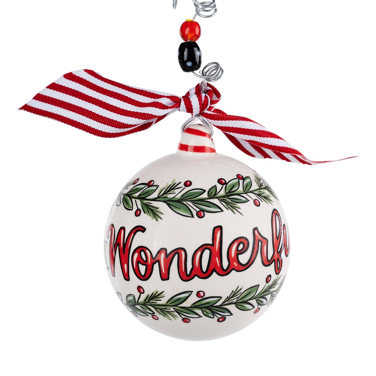 Christmas ornament with 'Wonderful' text and decorative ribbon on a white background