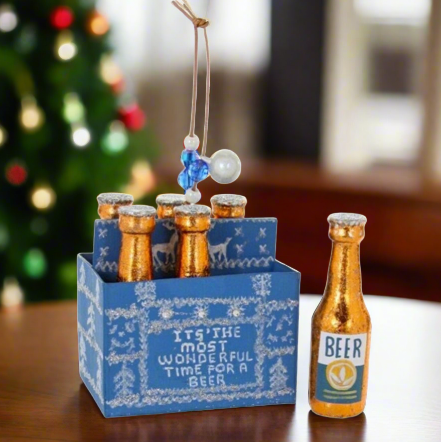Christmas Cheer All Year Wonderful Time for a Beer Six Pack Ornament from Cody Foster in office setting