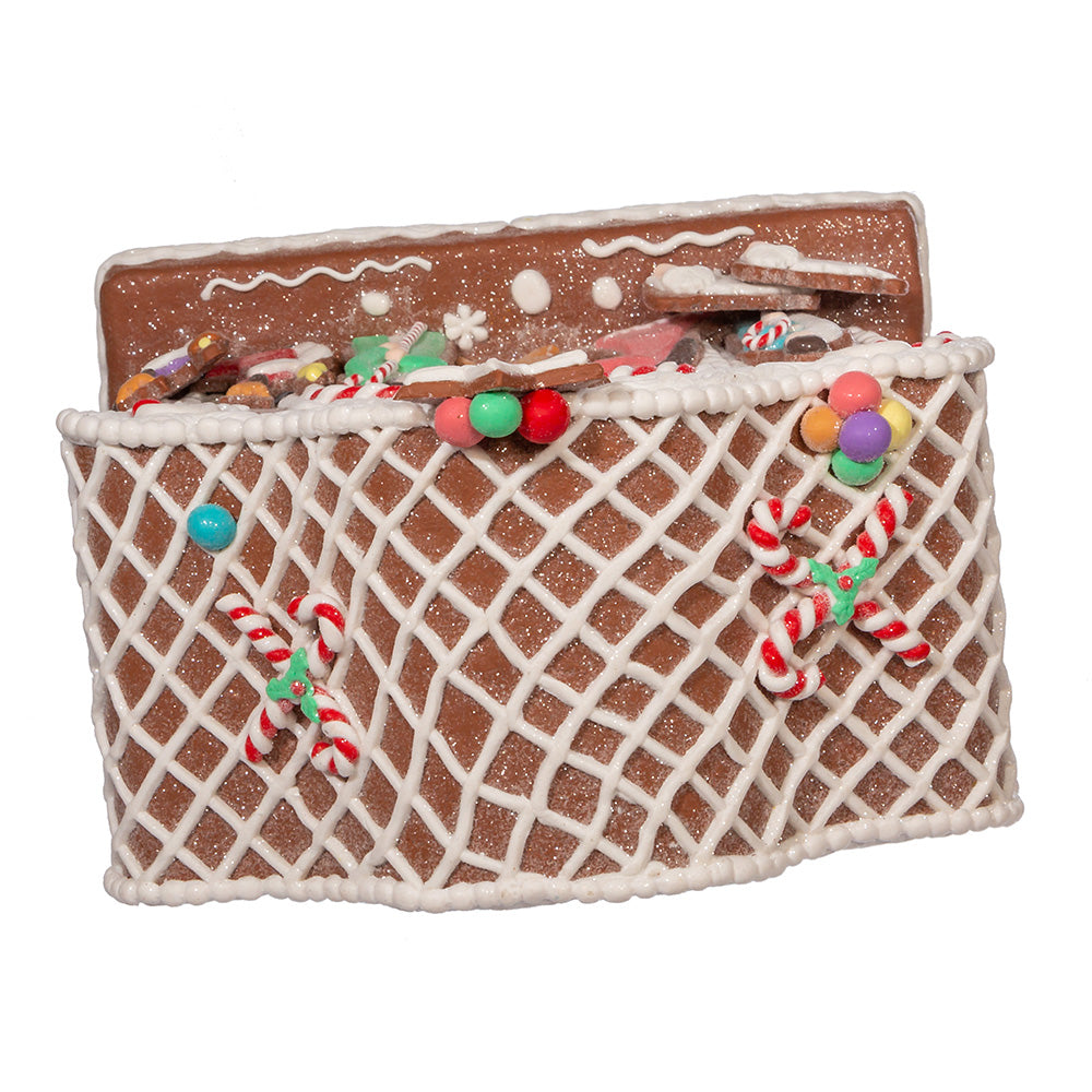 Gingerbread-themed decorative roof with candy decorations on a white background