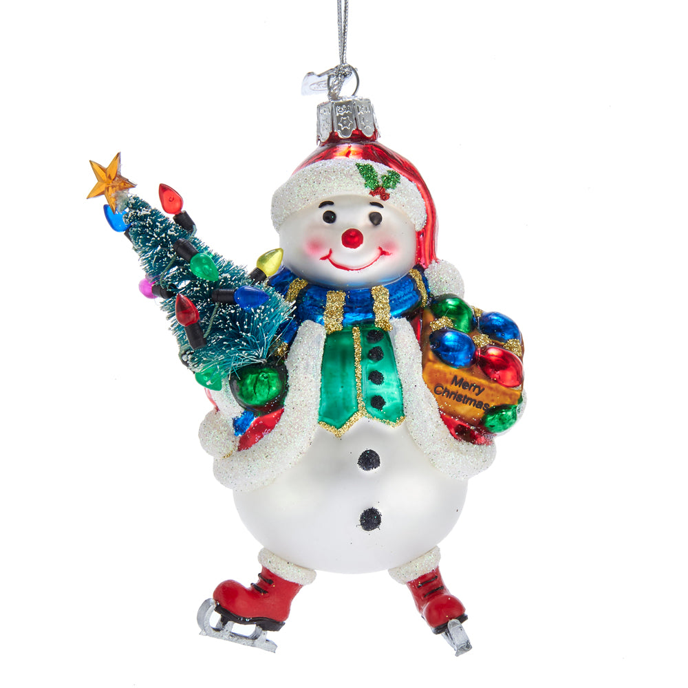 Christmas Cheer All Year Decorative glass snowman ornament with a tree and colorful bag on a white background