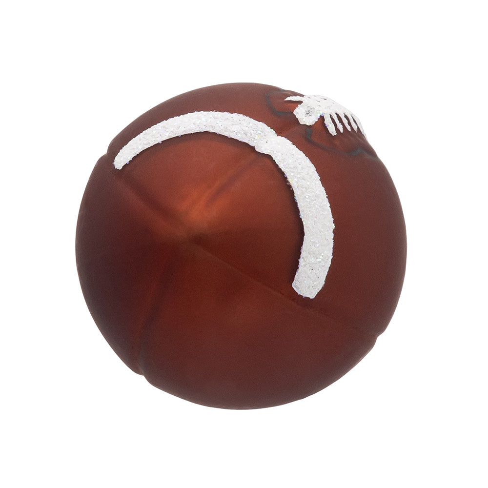 Brown football with a white logo on a white background
