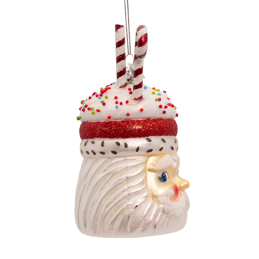 Christmas ornament shaped like a cupcake with a face, featuring candy canes and sprinkles on a white background by Kurt Adler Christmas Cheer All Year